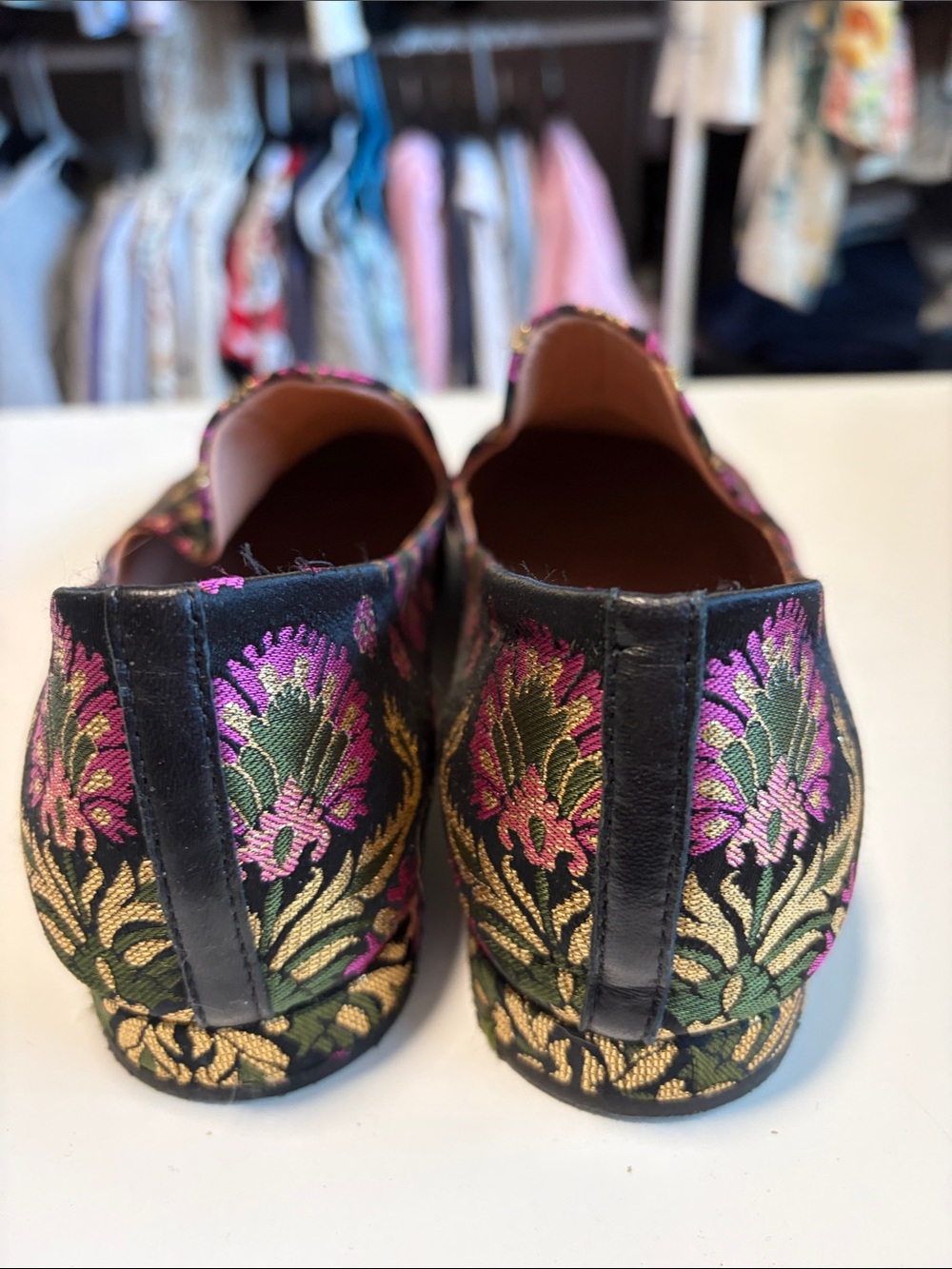 Lewit Black Brocade Loafers with Pink & Gold Floral Embroidery - Picture 3 of 3